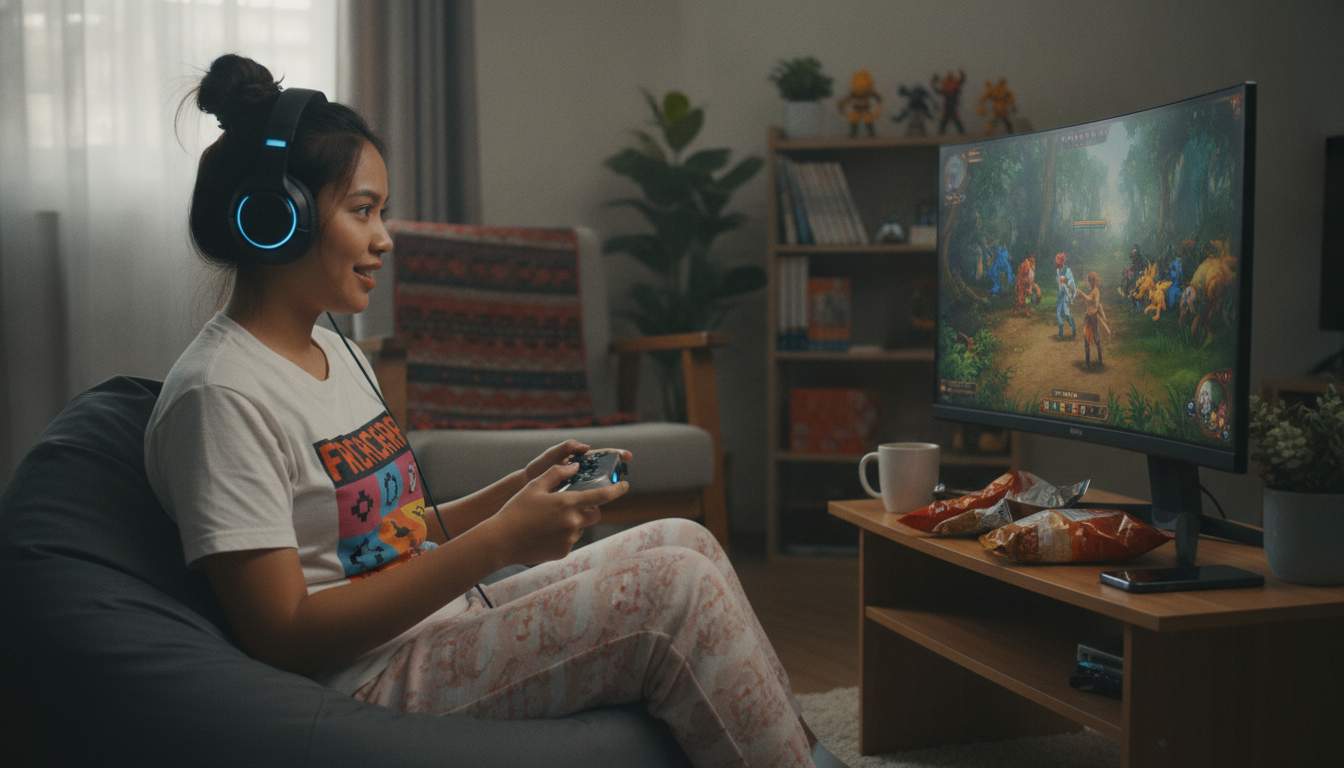 Welcoming image of a woman enjoying online gaming